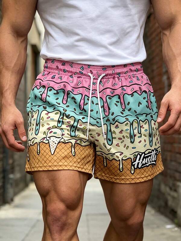 Men's Summer Colorblock Quick-Dry Short Lace-Up Casual Beach Shorts, Thin Lightweight For Daily Wear And Vacation