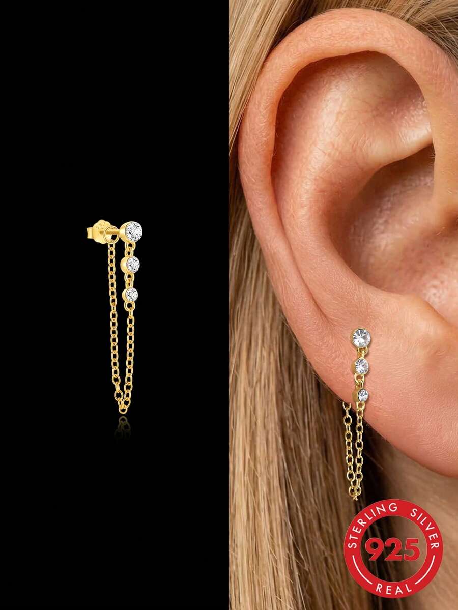 1pc Women's Tassel 925 Sterling Silver Stud Earrings, Classic Cartilage/Helix/Tragus Studs, Flat Back, Suitable For Daily Wear And Parties, Exquisite Jewelry