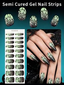 20pcs Halloween Semi-Cured Gel Nail Strips, Dark Green Spiderweb Pattern Self-Adhesive UV Gel Nail Wraps,Salon-Quality, Easy To Apply And Remove,Ideal For Women's Halloween And Holiday Party DIY Manicures - Multicolor - View 9