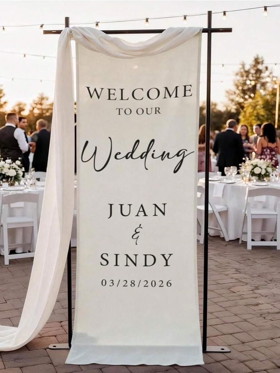 Cartel de Bienvenida de Boda Personalizado | Pancarta de Tela Vertical para Boda | Fondo Personalizado con Nombre & Fecha | Decoración Rústica para Ceremonia al Aire Libre - Multicolor - Ver 1