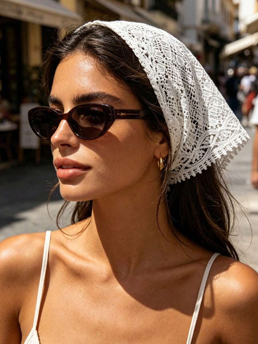 1pc Vintage Artistic Hollow Lace Crochet Triangular Headscarf With Delicate Tassel Trim, Breathable Tie-Up Hair Band, European And American Women's Small Town Travel Photography, French Style Wedding Bride Lazy Elegant Hair Accessory - Multicolor - View 1