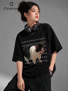 AAAAA Cat Meme T-Shirt Unisex Men's And Women's Blouse 100% Cotton Premium Top Streetwear New Release Immediate Shipping Various Colors!! Plus Size - 黑色 - 查看 4