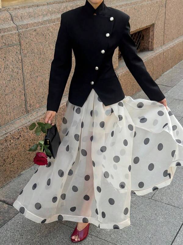 Happyevery Women's Autumn Romantic Vacation Commute Versatile Fashion Lazy Minimalist Valentine's Day Waist Pleated A-Line Semi-Sheer Tulle Polka Dot Pattern Side Zipper Lined Long Skirt, Suitable For Party, Gathering, Beach Vacation, Beach, Festival, Birthday Party, Outdoor Street Photography, Casual Commute
