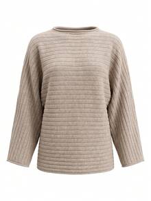Women's Knitted Long Sleeve Batwing Sleeve Crew Neck Regular Fit Top, Suitable For Autumn/Winter Wear, Medium Stretch Comfortable Ribbed Knit Design - Khaki - View 10
