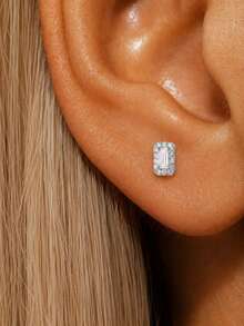 AnlaScheer 1pc Moissanite 925 Sterling Silver Exquisite Square Flat Back Cartilage Helix Piercing Stud Earring, Women's Engagement Wedding Bridal Jewelry - Silver - View 5