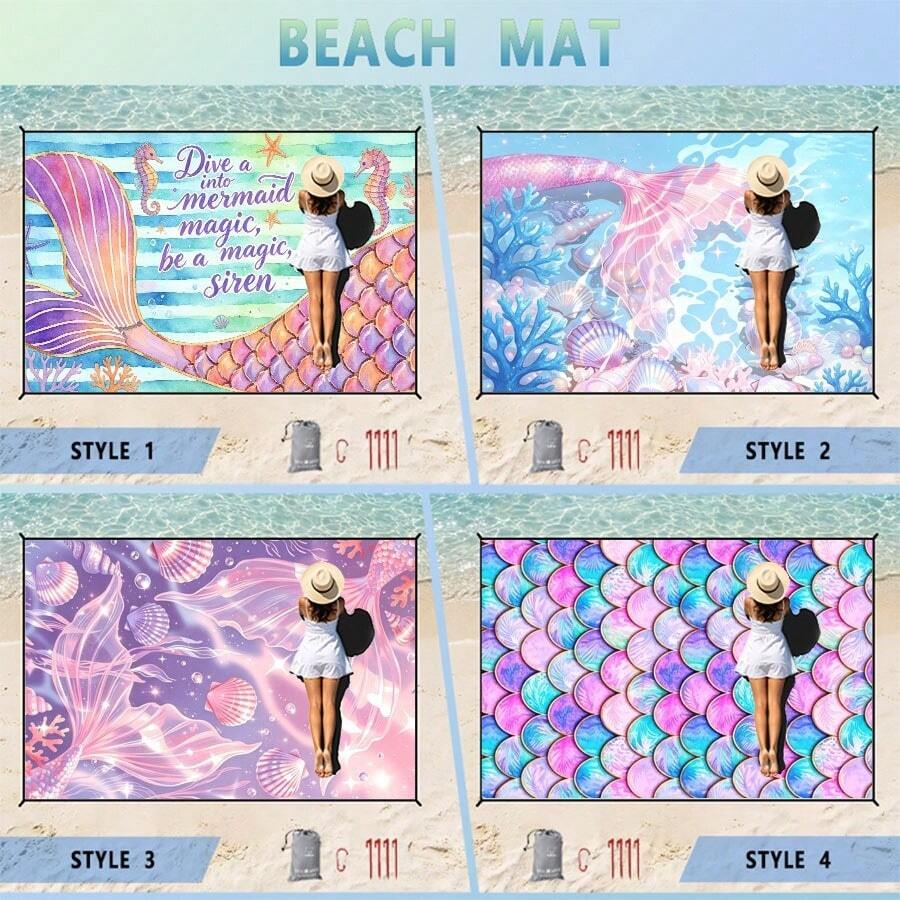 1pc Mermaid Pattern Printed Extra Large Beach Mat, Multiple Sizes Available, Comes With Portable Drawstring Bag, Thickened Fabric, Extra Large Picnic Mat, Digital Flat Print Design, Suitable For Multi-Person Gatherings, Outdoor Camping, Picnic, Beach, Grass Use