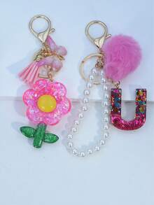 1pc Resin Starry Sky Epoxy Letter Keychain With Black Fur Ball Tassel Decor, Heart Pendant Gift For Friend And Mom - Hot Pink - View 16