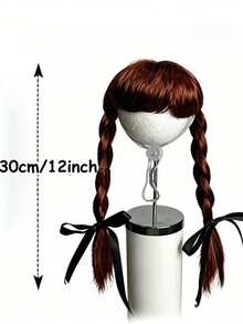 1pc Cat Double Braided Ponytail Wig Brown With Bowknot Bangs Ponytail Pet Costume Wig, Halloween - Coffee Brown - View 4