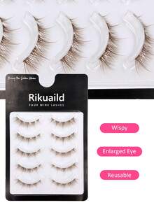 Rikuaild 5對自然棕色動漫漫畫風尖翹蓬鬆貓眼條狀假睫毛，透明細隱形梗，輕盈，適合柔和日常妝容 - 自然纖長款 - 查看 5