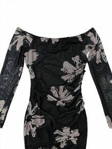 1pc Women's Fashion Floral Print Elegant Off-Shoulder Strapless Cinched Waist Design Dress For Date Birthday Party Spring Autumn - Black - View 4