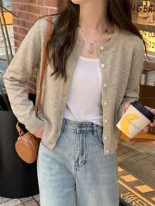 Autumn/Winter Casual Korean Sweet Style Khaki Round Neck Knit Cardigan, Short Fitted Slimming Gentle Elegant Versatile All-Match Long Sleeve Fall - Khaki - View 2