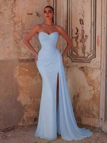 Faeriesty Elegantes trägerloses Meerjungfrau-Ballkleid aus Mesh-Stoff für Damen, mit gerafftem Oberteil und Oberschenkelschlitz, langes formelles Abendkleid für Hochzeit, Party und Herbst - Babyblau - Übersicht 1