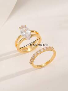 2pcs/Set Commuter Versatile Gold-Plated Horse Eye Zirconia Double Layer Plain Band Engagement Rings For Women, Wedding, Party, Vacation, Gift Accessory - Yellow Gold - View 3
