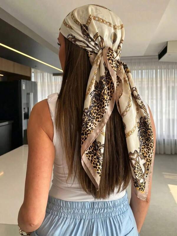 1pc Women's Bohemian Vintage Leopard Print Bandana Headscarf, Suitable For Daily Wear And Beach Vacation