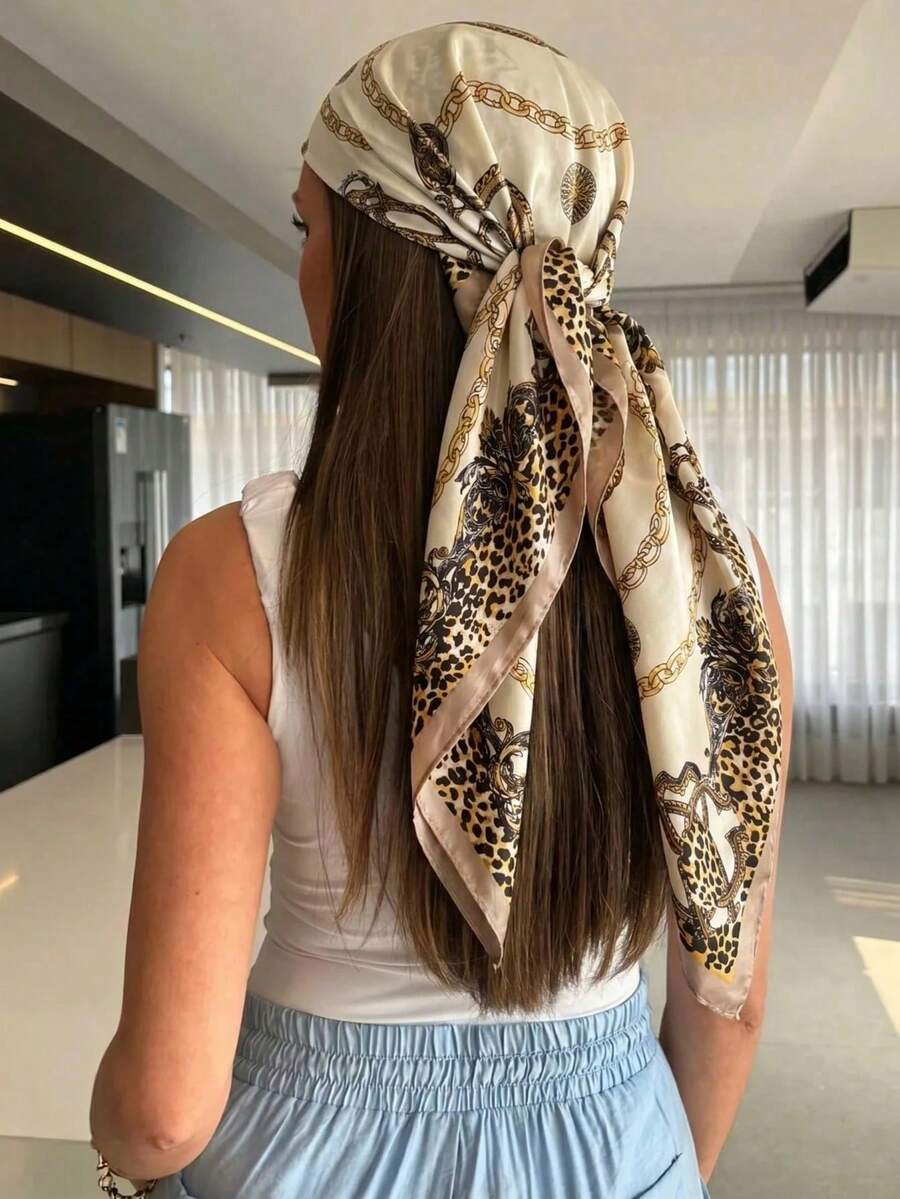 1件女款波希米亞復古豹紋印花頭巾,適合日常穿著與海灘度假 - 金色 - 查看 1