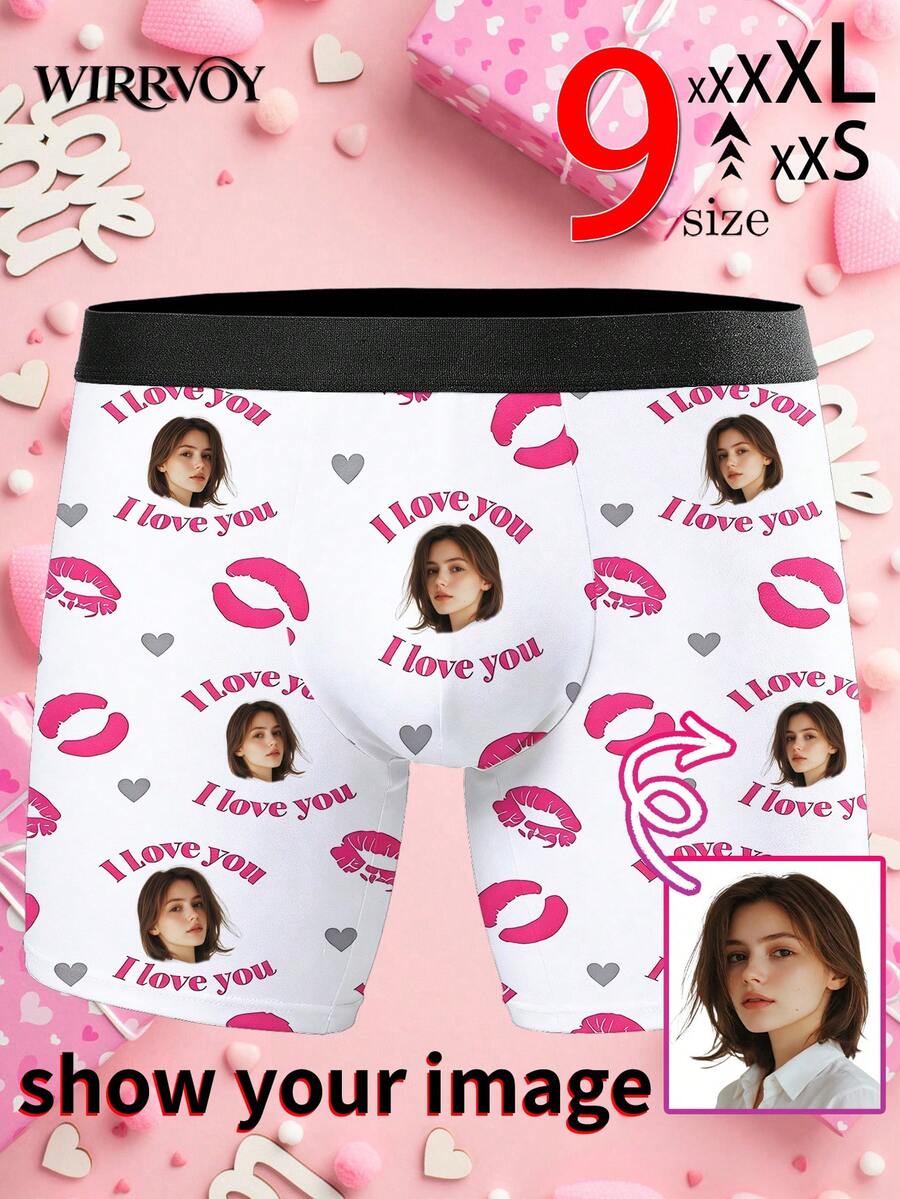 1 pièce Caleçon personnalisé pour homme avec portrait, fond blanc unicolore, visage de fille personnalisé, lettre d'amour, lèvres et cœur graphique, sous-vêtement mode mignon pour un usage quotidien