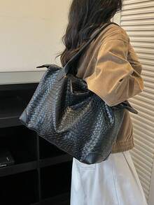 鱷魚壓紋歐美風個性化大容量極簡托特包女款，新款絎縫通勤單肩包 - 黑色 - View 6