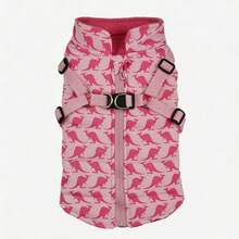 Cute Kangaroo Print Dog Winter Coat, Built-In Harness, Warm Padded Pet Jacket, Soft Fleece Lining, Zipper Closure, Adjustable Elastic Belly, Suitable For Small Dogs Winter Clothing (Pink) - Pink - View 12