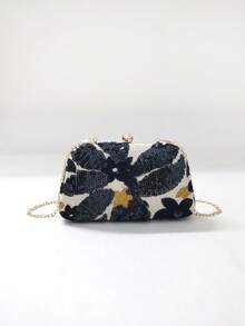 LJDCRFT Elegant Floral Sequin Vintage Embroidered Clasp Evening Bag, Hard Shell Design, Suitable For Weddings, Proms, And Dates. - Black - View 1