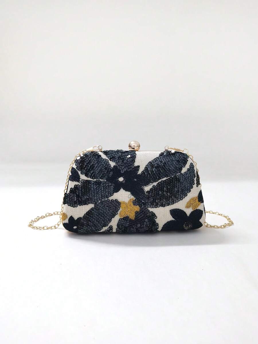 LJDCRFT Elegant Floral Sequin Vintage Embroidered Clasp Evening Bag, Hard Shell Design, Suitable For Weddings, Proms, And Dates. - Black - View 1
