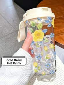 1 pieza/5 piezas Vaso de agua de plástico de 500ml con estampado floral de rosa amarilla y azul vintage de verano, con pajita y cordón, tapa abatible a prueba de fugas, para bebidas frías, calientes y café helado, uso diario, listo para fotos, regalo de cumpleaños para mejor amigo, regalo festivo - Rosa amarilla multicolor - Ver 2
