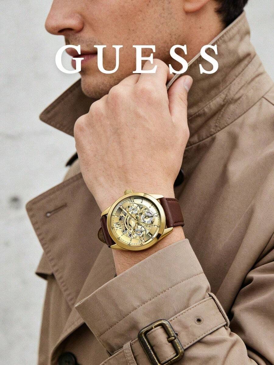 Guess Men's Automatic Mechanical Watch Gold-Tone Skeleton Dial Brown Leather Strap Multi-Function Subdials Elegant Timepiece For Formal Business Meetings - 卡其色 - 查看 1