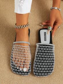 Spring Summer Fashion New Silver Hollow Out Women's Flat Sandals Mesh Breathable Casual Comfortable Soft Sole Slip-On Backless Square Toe Rhinestone Sandals - Silver - View 3