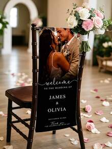1pc Customized Wedding Chair Decor Banner - Personalized Photo/Text - Made Of Durable Polyester Fabric, Exquisite Design, Easy To Install, Elegant Customized Wedding Chair Decoration, Suitable For Lawn, Garden, Living Room, Birthday Party - Multicolor - View 7