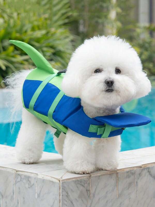 1 áo phao cho chó hình cá mập dễ thương, độ nổi cao, áo phao an toàn có tay cầm cứu hộ, phù hợp cho bãi biển mùa hè