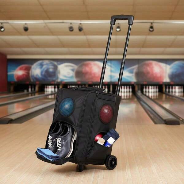 Transportador de 2 bolas con ruedas 31x12x17 pulgadas para práctica de torneos de bolos, compartimento acolchado, bolsillo para zapatos, asa retráctil, ruedas resistentes, tela 600D, capacidad para 2 bolas, almacenamiento de accesorios, barra de tracción ajustable - XY44620