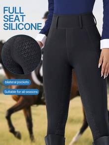 ROYALS MATTINI Pantalones de equitación para mujer con agarre de silicona y bolsillos, pantalones ajustados para montar a caballo, pantalones deportivos de secado rápido, color negro, primavera - Negro - Ver 1