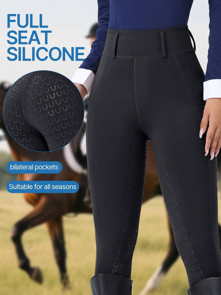 ROYALS MATTINI Pantalones de equitación para mujer con agarre de silicona y bolsillos, pantalones ajustados para montar a caballo, pantalones deportivos de secado rápido, color negro, primavera - Negro - Ver 1