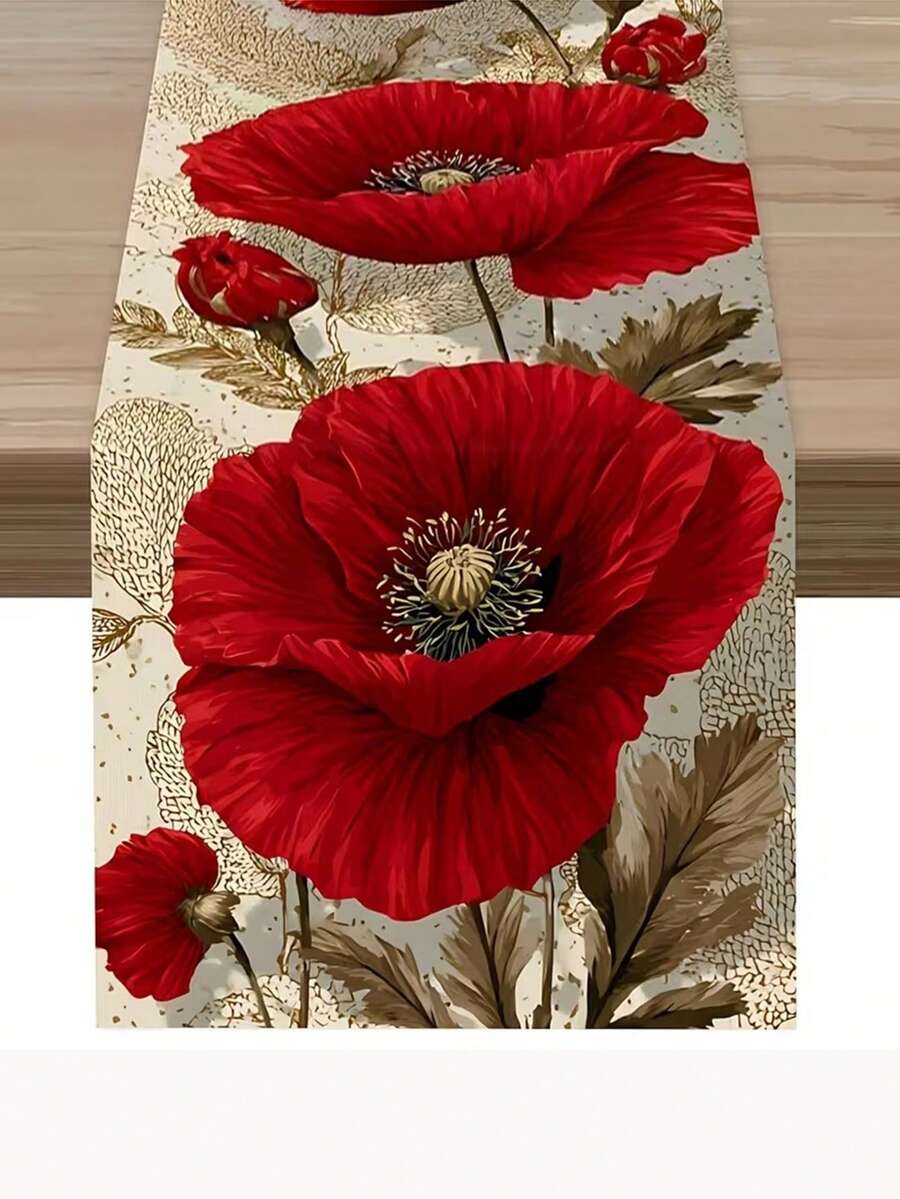 1pc Rich Red Poppy Oil Painting Style Printed Table Runner, Spring/Summer New Impressionist Art Style Polyester Printed Tablecloth, Original Design, Exquisite And Vibrant Colors, Rectangular - Red - View 1