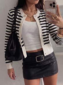 Women's Cardigan Sweater, Round Neck, Single-Breasted Button Closure, Long Sleeve, All-Match Style, Daily Commute, Versatile, Contrast Color Striped, Short Length, Wear Alone Or Layer, Knit Top, Spring Autumn Winter - Apricot - View 2