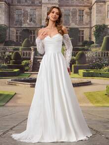 HEARBOBO Vintage Off-Shoulder Wedding Dress, Long Bridal Gown With Exquisite Lace Embroidery And Half Sleeves Fall White - White - View 6