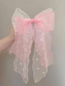 1pc Sweet Cute Holiday Party Pink Mesh Printed Bow Ribbon Spring Clip - Pink - View 5