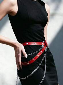 1pc Women's Red Gothic Style Body Waist Belt Performance Costume Accessory, Adjustable Cross Chain One-Piece Waist Belt, Suitable For Daily Wear, Street Style, Runway Events - Red - View 2