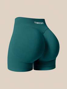 TimeOff Shorts deportivos para mujer de 1 pieza, color liso, cintura alta con banda acanalada y espalda fruncida - Verde - Ver 3