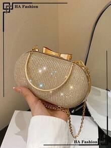 Mini Rhinestone Embellished Double Handle Chain Box Evening Bag - Champagne - View 1