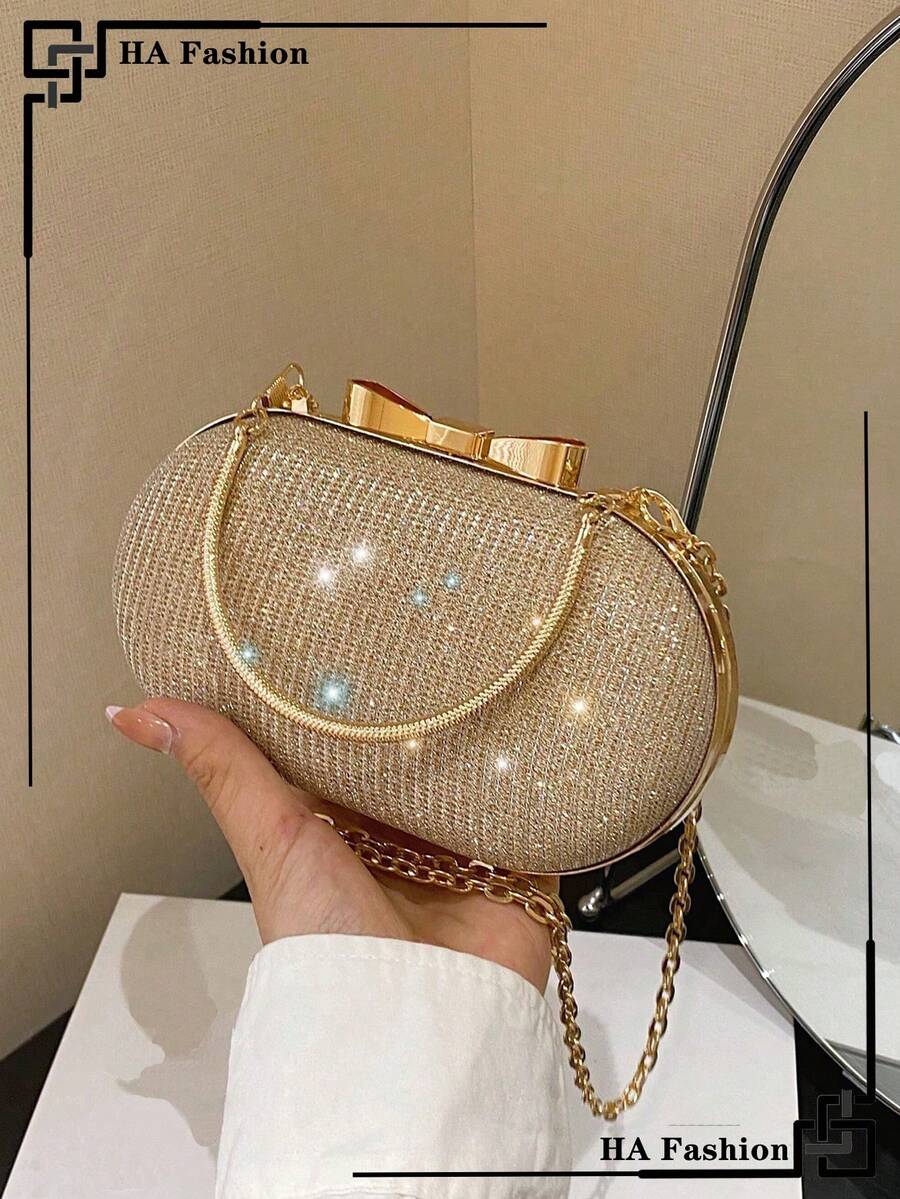 Mini Rhinestone Embellished Double Handle Chain Box Evening Bag - Champagne - View 1