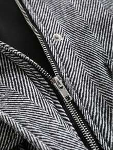 Jaket Pendek Wanita Motif Tulang Ikan dengan Kerah dan Resleting, Dilengkapi Kantong, Atasan untuk Komuter, Musim Gugur/Dingin - Hitam - View 9
