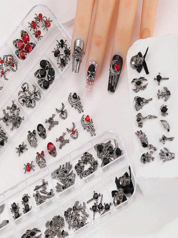 1 Box Halloween Vintage Skull Spider Ghost Hand Nail Charm Set, Red Black Dark Gothic Alloy Nail Studs, Y2K Cool Style DIY Press On Nail Accessories