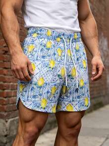 Men's Bold Sicilian Lemon Ceramic Print Swim Trunks, Italian Style Quick-Dry Drawstring Cuffed Casual Beach Shorts, Suitable For Summer Vacation And Pool - Yellow - View 3