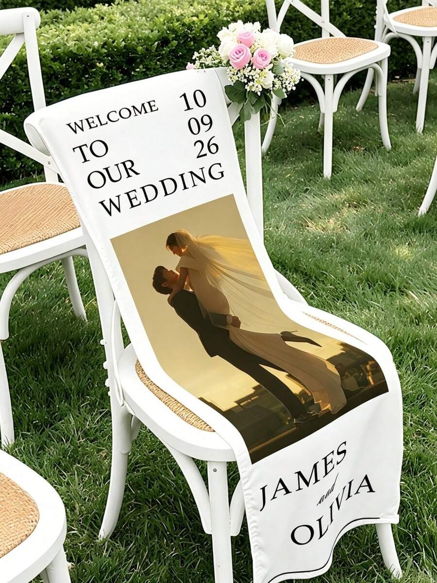 Custom Wedding Chair Decor Banner - Personalized Photo/Text, Suitable For Wedding Arch, Guest Chairs, Lawn, Garden, Living Room, Birthday Party, Made Of Durable Polyester Fabric, Exquisite Design - Multicolor - View 1