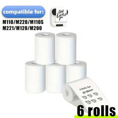 50x80mm White Thermal Printer Labels 6 Rolls (100 Labels/Roll), Self-Adhesive Barcode Price Stickers For Clothing Tags, Small Business, Supermarket Retail, Shipping Address, Compatible With M220, M200, M221, M110 Printers