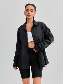 Women's Summer Ice Silk UPF50+ Sun Protection Jacket, UV-Resistant Skin Shirt, Quick-Dry Fashion Printed Outdoor Sports Versatile Shacket Black - Black - View 5
