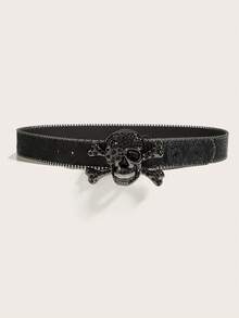 Sabuk PU Lebar Wanita Gaya Gothic dengan Gesper Tengkorak dan Tulang Silang Bertabur Berlian Imitasi, Sabuk Tepi Paku Keling Motif Bunga Timbul Bergaya Vintage, Aksesori Gaya Jalanan Punk Rock Y2K - Tengkorak Hitam - Timbul - View 2
