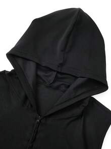 Men's Summer Black Sleeveless Hooded Vest, Fashion Solid Color Sports Hoodie - Black - View 6