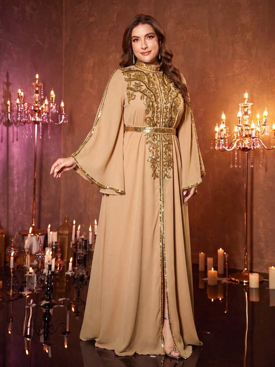 UNITHORSE Plus Women's Stand Collar Flowy Sleeve Satin High Slit Morning Robe Dress - Champagne - View 1