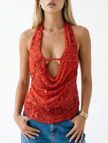 Sequin Halter Top For Women Sexy Sleeveless Deep V Neck Backless Glitter Tank Top Night Out Party Rave Outfits - 紅色 - 查看 1